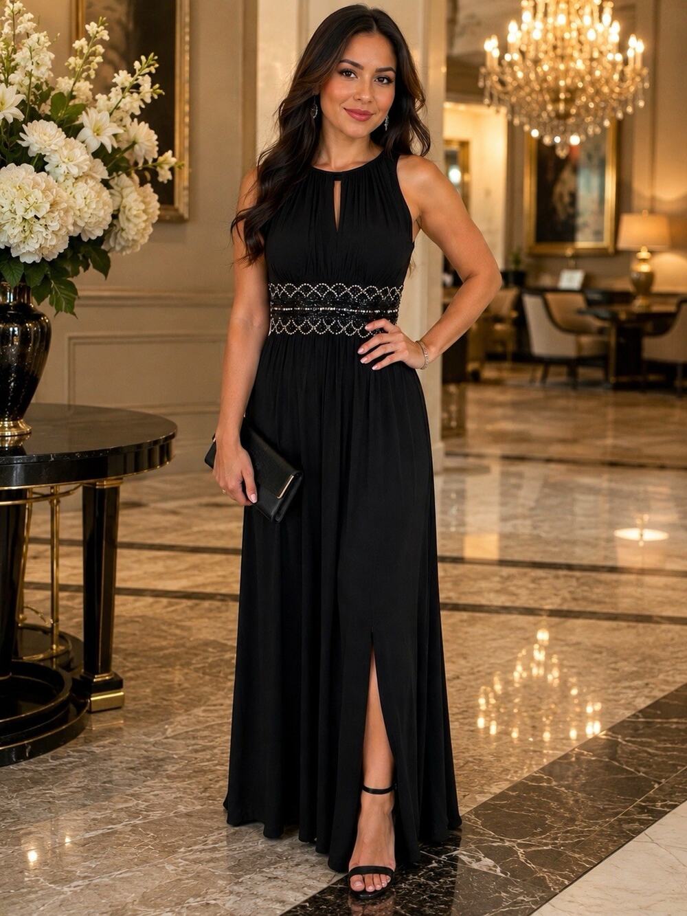 R&M Richards Black Embellished Empire Waist Evening Gown Size 8